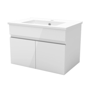 Weißes AICA Bergen Badmöbel Set mit 60 cm Waschtisch, Hochglanz-Unterschrank und Keramik-Waschbecken.
