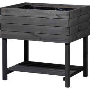 Anthrazitfarbenes Hochbeet Kubus 2.0 aus Holz mit Ablage und Pflanzfolie.