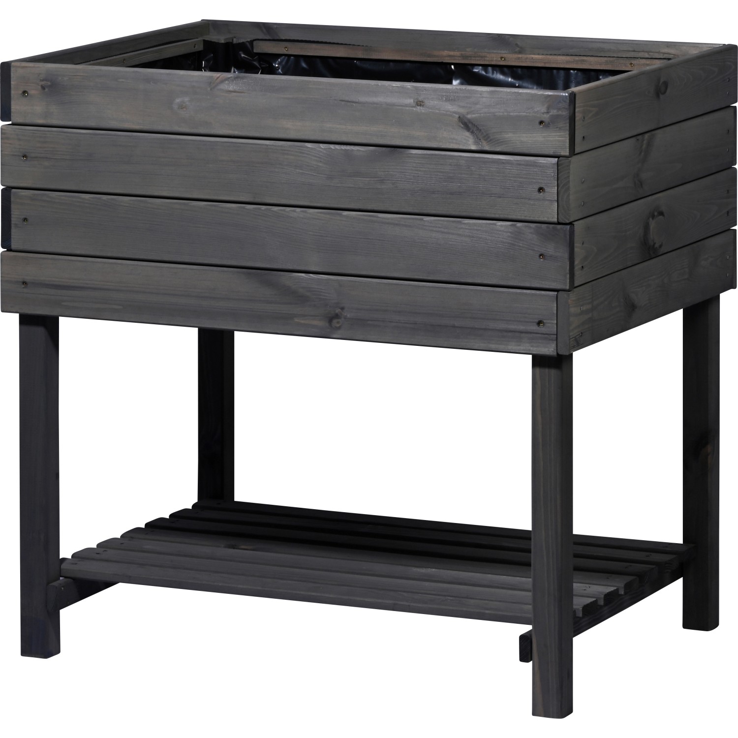 Anthrazitfarbenes Hochbeet Kubus 2.0 aus Holz mit Ablage und Pflanzfolie.