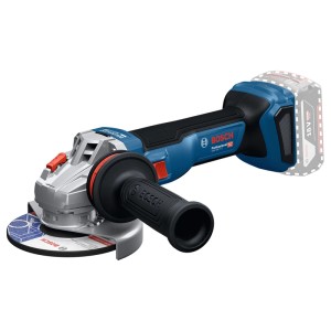 Bosch Professional Akku-Winkelschleifer GWS 18V-11 S Solo. Blauer 18V Schleifer mit Scheibe und Zusatzgriff.