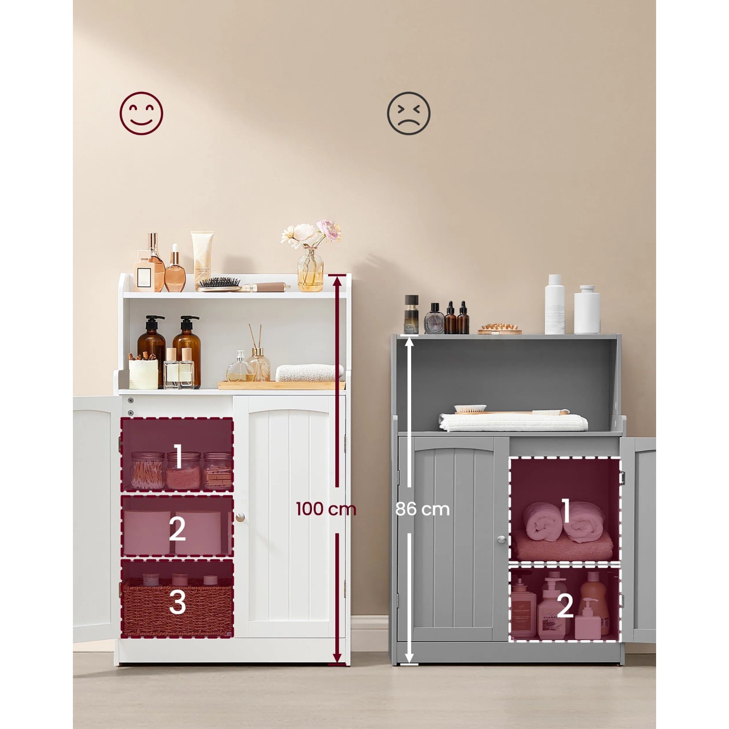 Songmics Badezimmerschrank Helan-old, 100 cm hoch, weiß, mit offenen Fächern und Stauraum hinter Türen.