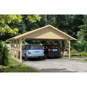 Skan Holz Carport Schwarzwald, naturbelassen mit Dachschalung, zwei geparkte Autos.