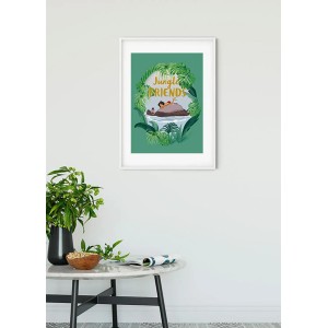 Grünes Disney Dschungelbuch Poster (50x70 cm) mit Mowgli und Balu im Bilderrahmen.