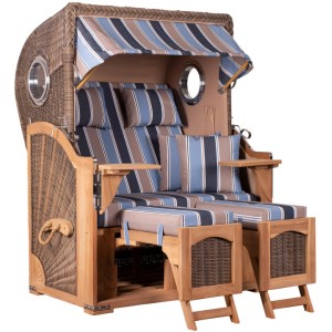 GarWoh Strandkorb Rantum Teak PE Grey Dessin 580 mit blau-braun gestreiften Polstern.