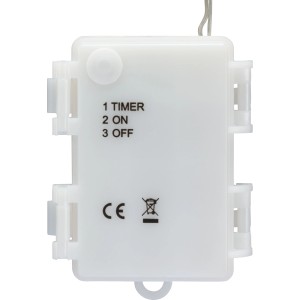 Weiße Steuerbox der OBI LED Lichterkette Kupferdraht. Zeigt Timer, Ein/Aus-Funktionen für Außen-Dekoration.