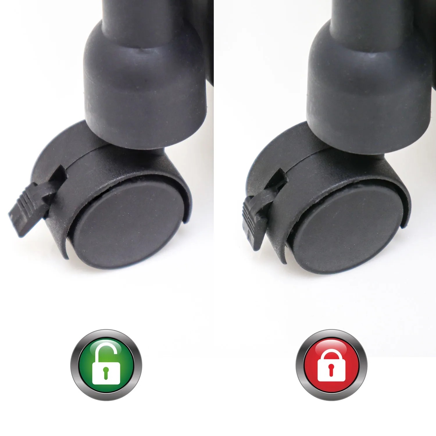 Detailaufnahme der Rollen des schwarzen MAKLIK Küchenrollwagens, mit Feststellfunktion (offen/geschlossen).