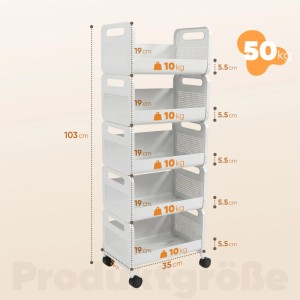 Weißer Sekey Servierwagen aus Metall, 5 Ebenen, Rollen, 103 cm hoch, schmal. 10 kg Traglast pro Korb.