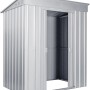 Globel Metall-Gerätehaus Skillion 64, silber metallic, mit offenstehender Tür.