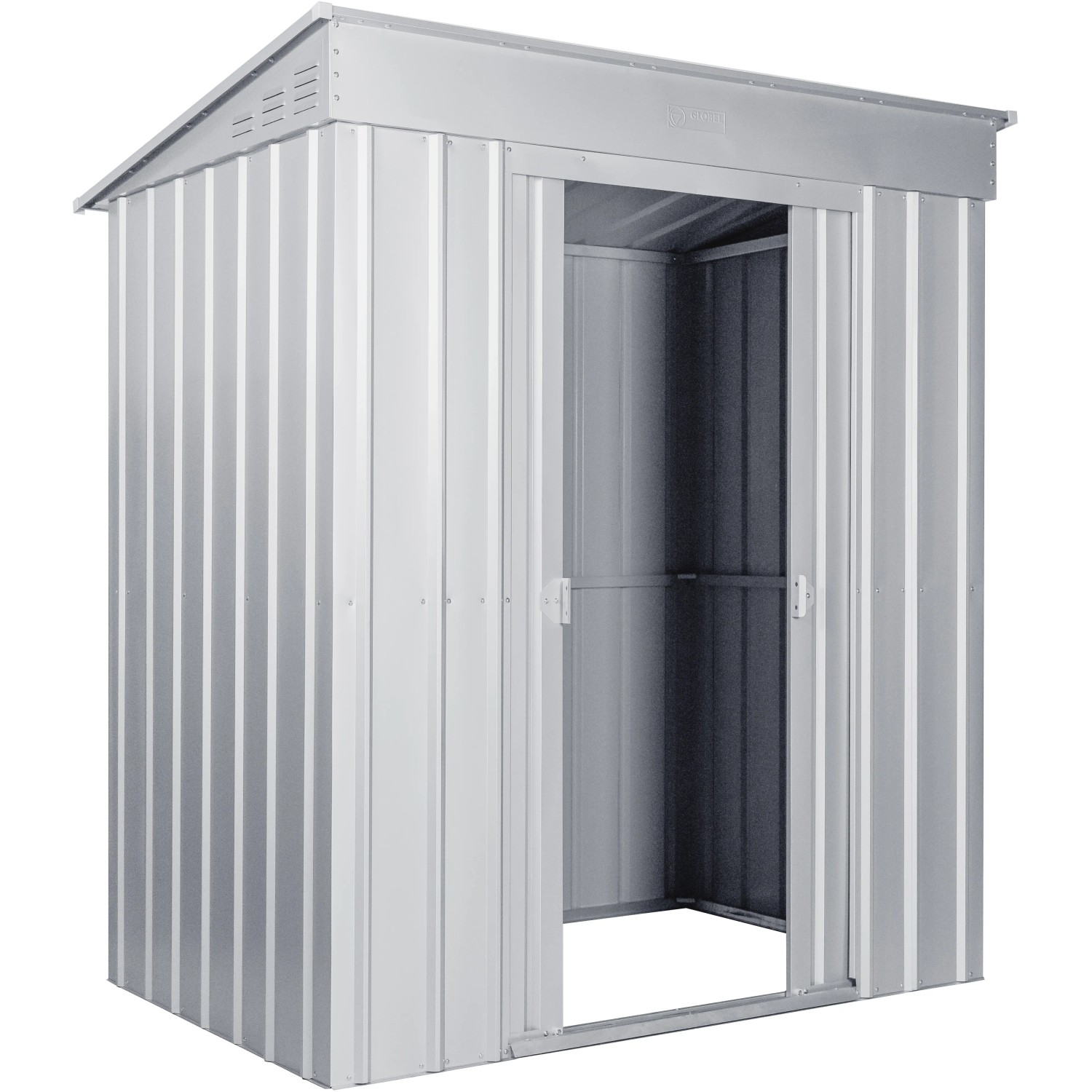 Globel Metall-Gerätehaus Skillion 64, silber metallic, mit offenstehender Tür.