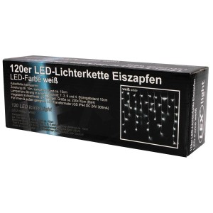 Verpackung des LED Eiszapfen Lichtervorhangs mit 120 LEDs für Innen und Außen, Farbe Weiß.