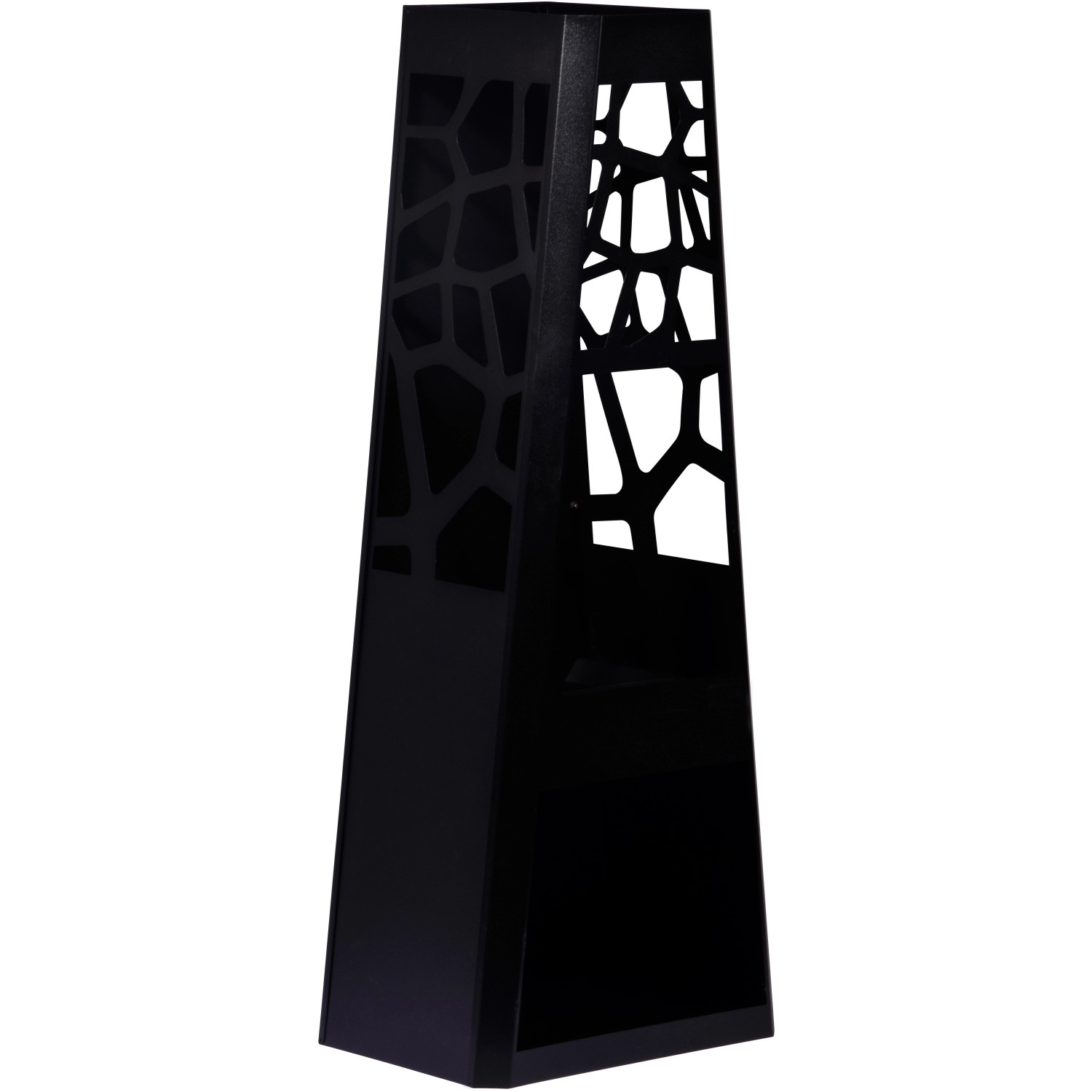 Schwarzer Dobar Metall Gartenkamin mit Stauraum und modernem Design.