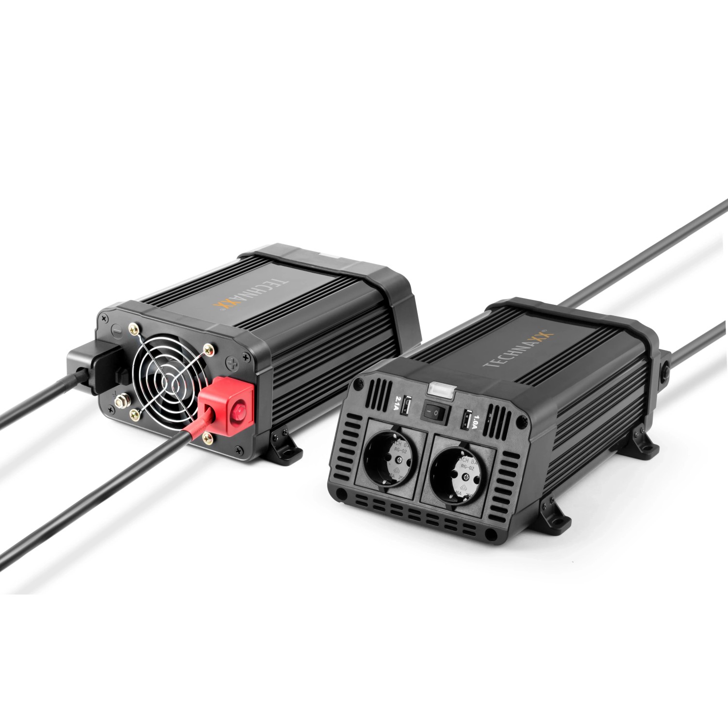 Technaxx Wechselrichter 1200W TE16 Schwarz mit 2 Steckdosen und USB-Anschlüssen.