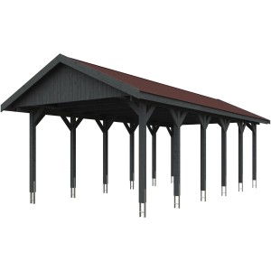 Satteldach-Carport Wallgau, schiefergraues Holz mit roten Dachschindeln, 430x900 cm.