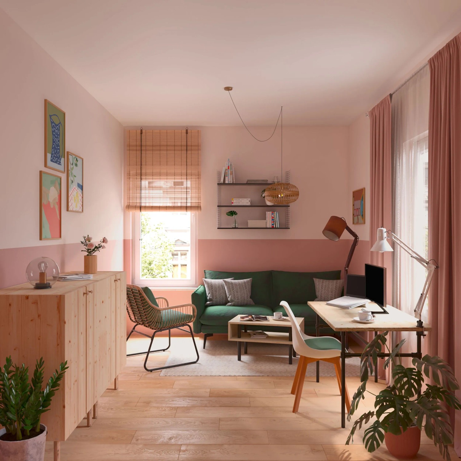 Wohnraum in Magnolienrosa mit CREATE! by OBI Wandfarbe Greta, matte bunte Wandfarbe.
