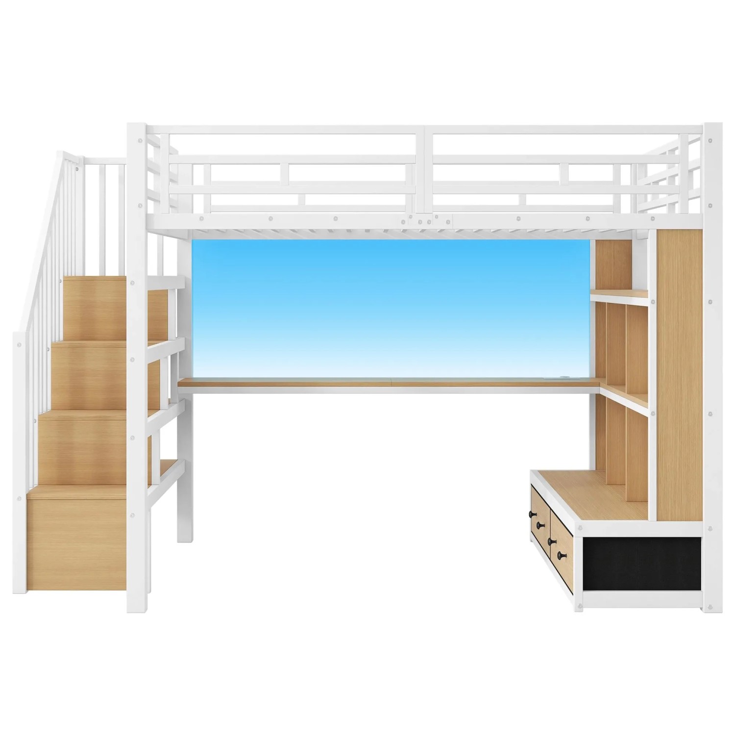 Merax Metall Hochbett 140x200 cm Mit Schreibtisch Regalen 2 Schubladen Stauraumtreppe Weiß