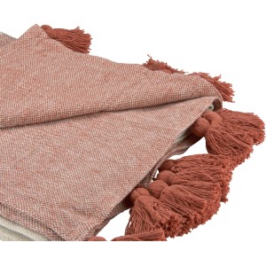 Baumwoll-Decke in Off-White und Terracotta mit Quasten, 140x180 cm.