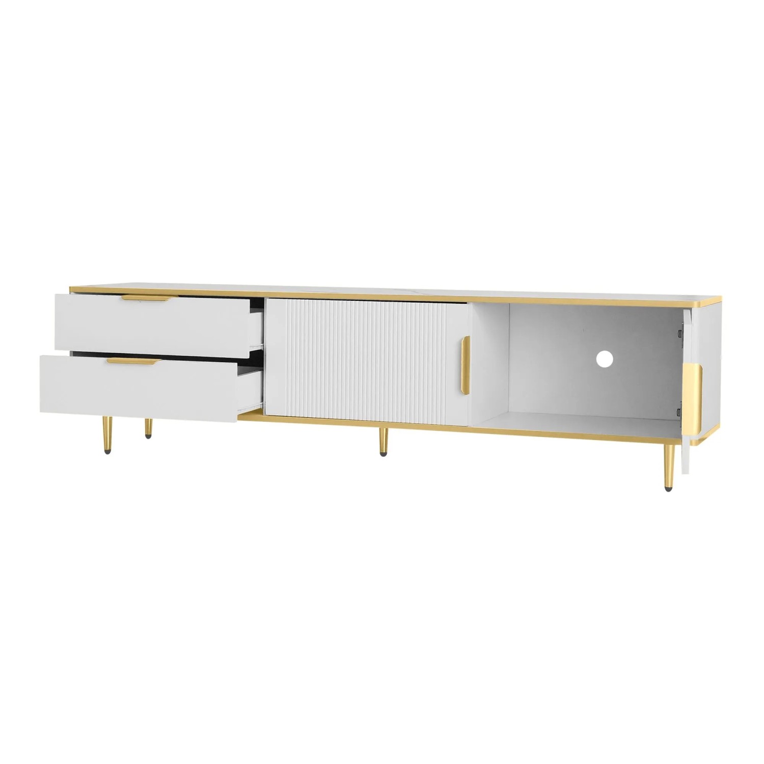 okwish TV Schrank mit Geschnitzter Struktur und Gold Griffen und Gold Füßen 170x37x45cm Weiß