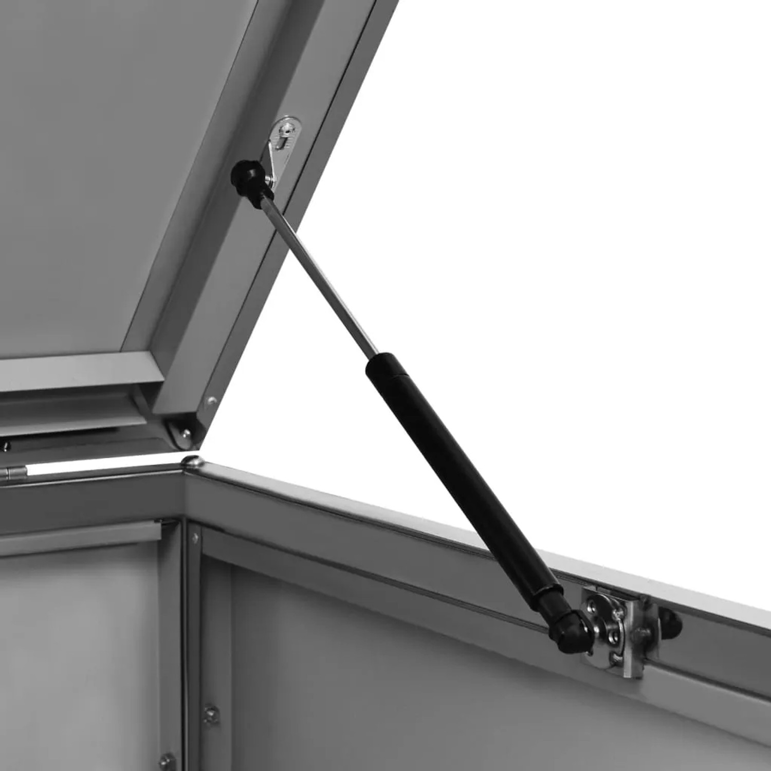 Detailaufnahme: Geöffnete Mülltonnenbox aus Edelstahl mit Gasdruckfeder.