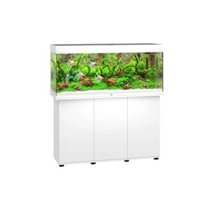 Weißes Juwel LED Aquarium Rio 240 mit Unterschrank, befüllt mit Fischen und Pflanzen.