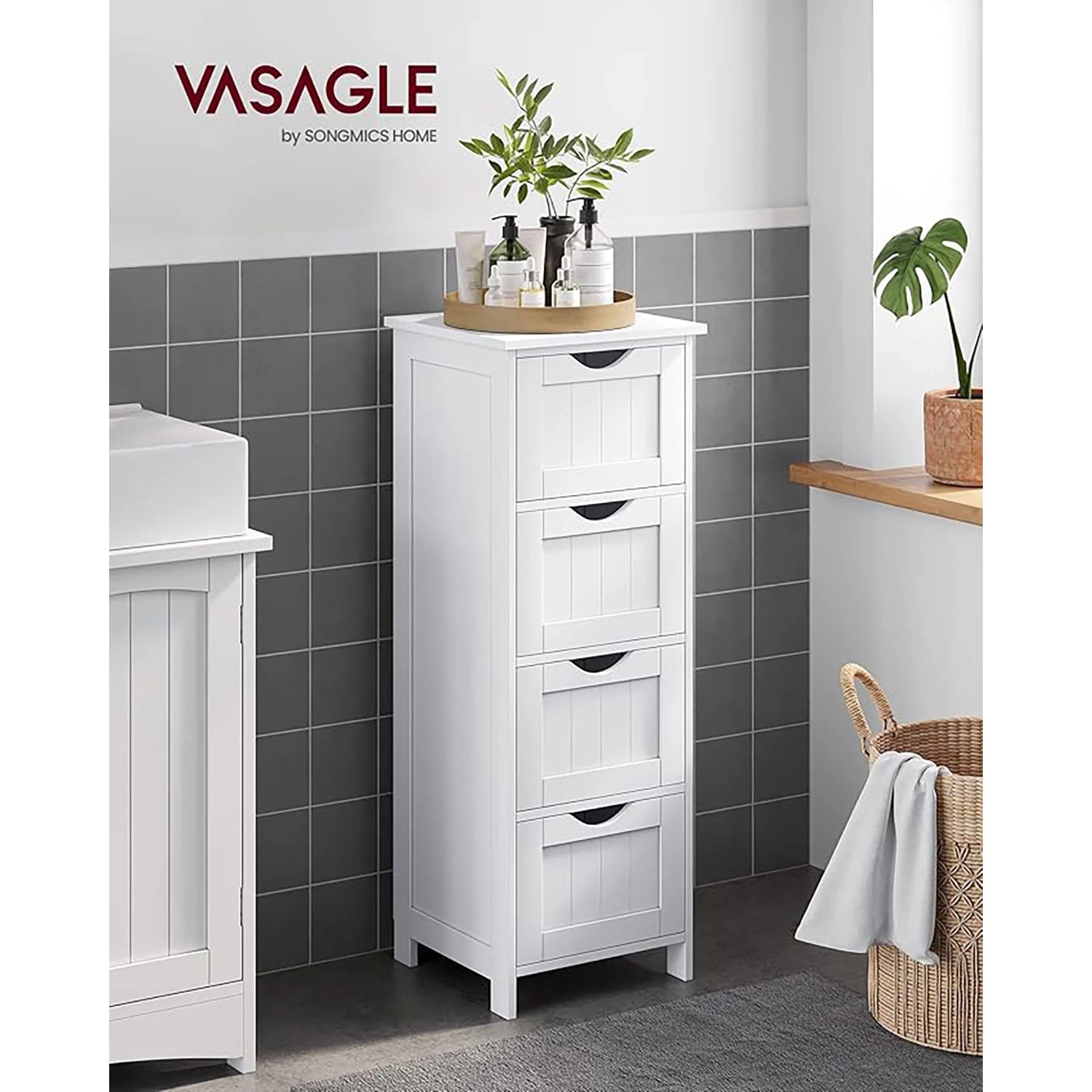 Weißer Songmics Badezimmerschrank Sofie mit 4 Schubladen als Bad-Standregal.