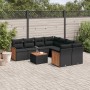 Schwarze 9-tlg. vidaXL Garten-Sofagarnitur aus Rattan mit Kissen und Tisch.