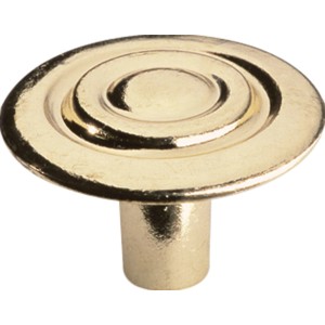 Glänzender, goldfarbener Möbelknopf aus Messing mit konzentrischen Kreisen.