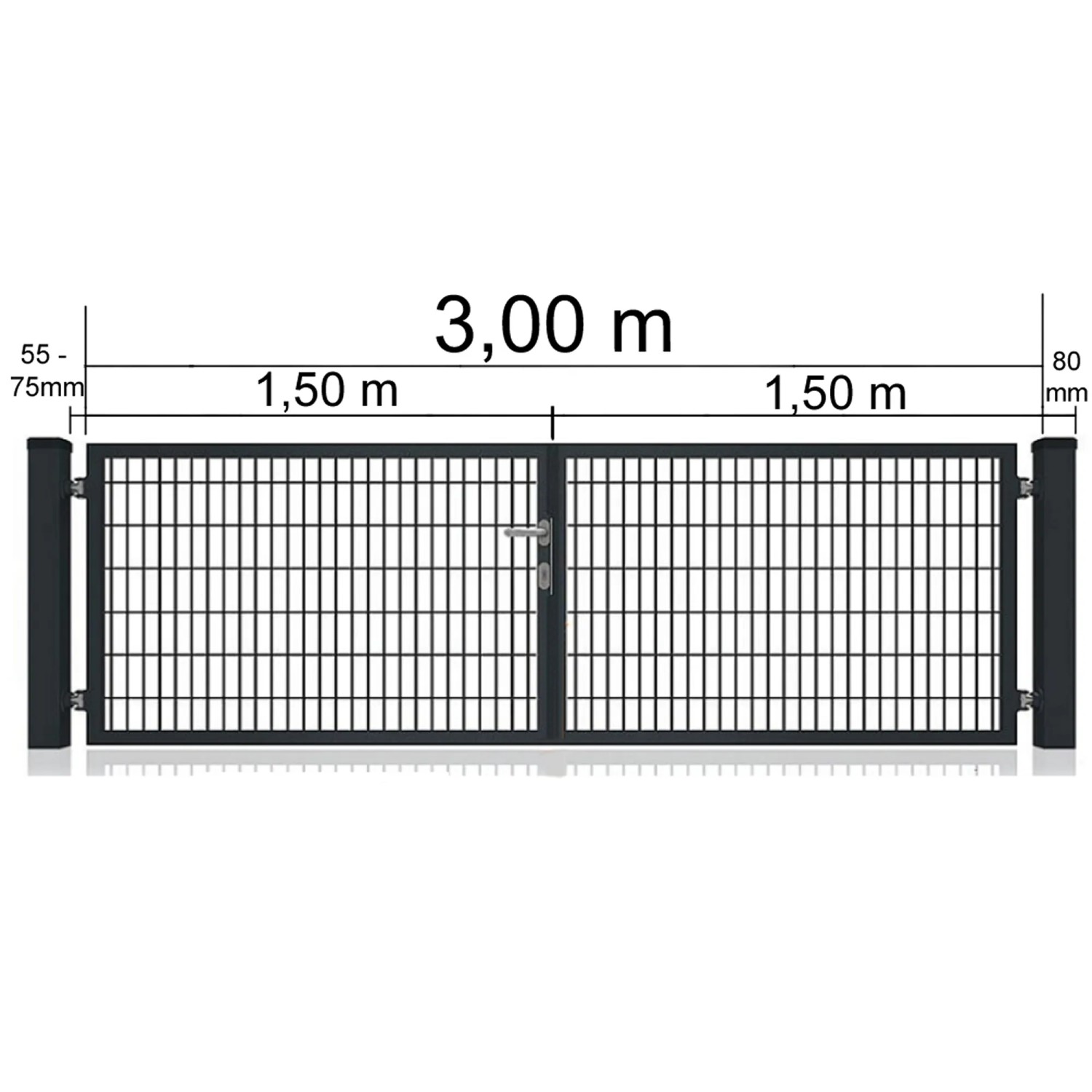 Doppeltor für Doppelstabmattenzaun, Vollrahmen, Anthrazit, 300x80 cm, Detailansicht mit Maßangaben.