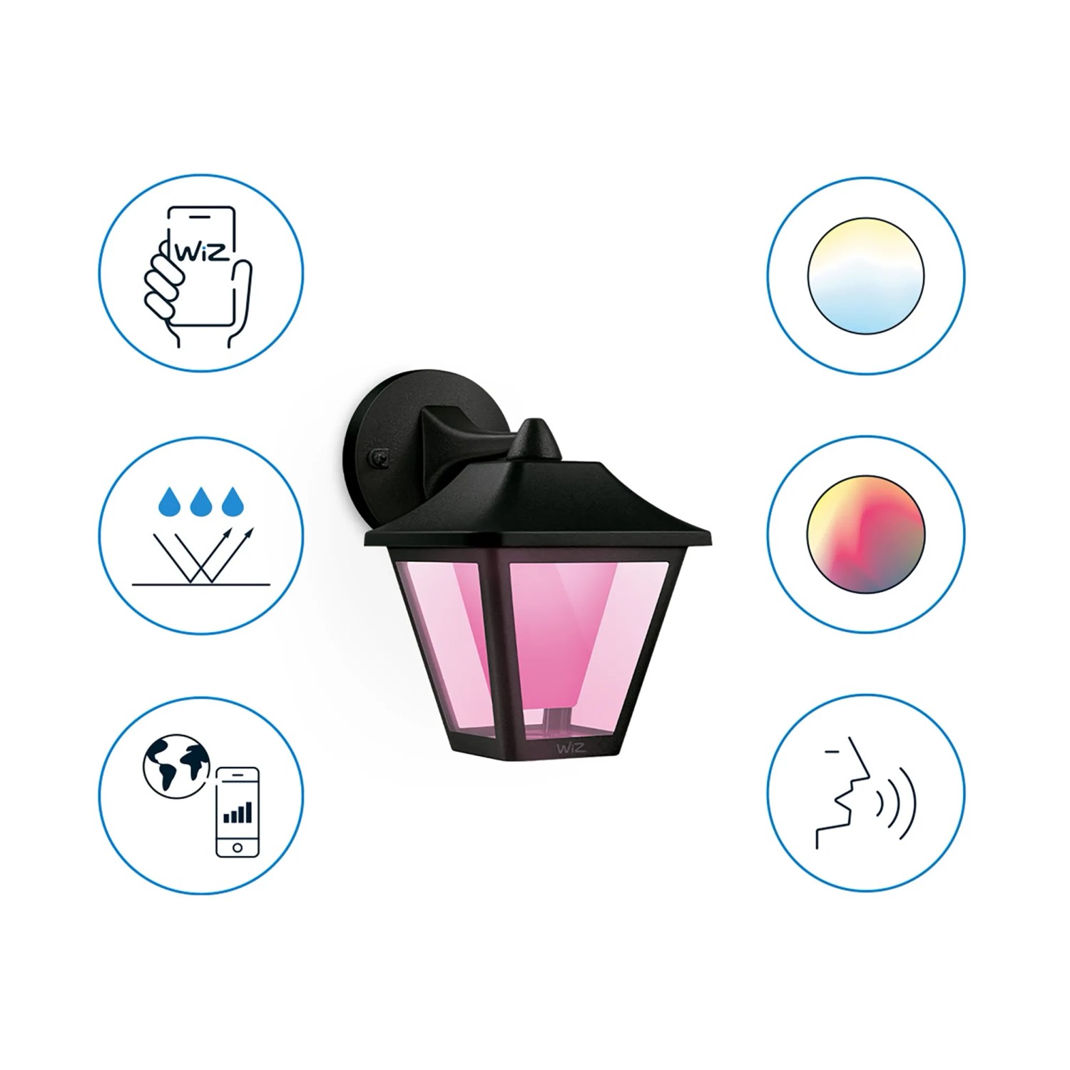Schwarze WiZ Classic Außenwandleuchte mit farbigem Licht, smarte Gartenbeleuchtung.