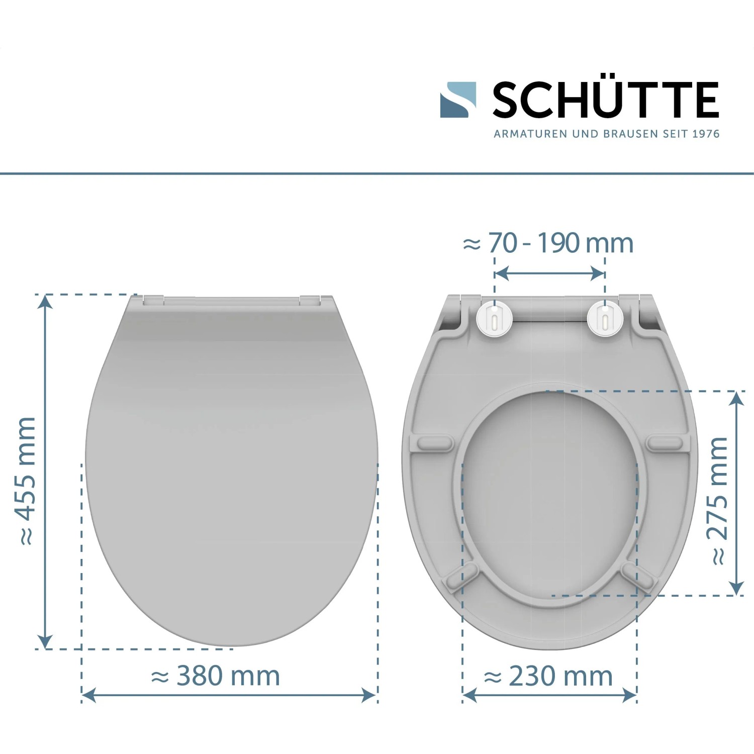 Schütte WC-Sitz Slim Grey Duroplast, Maße mit geöffnetem und geschlossenem Deckel.