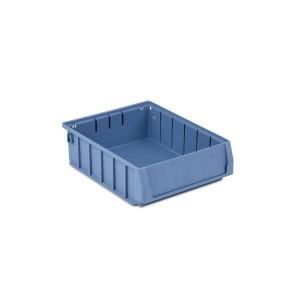 Blauer Regalkasten 4,4L mit Etikett und Schutzhaube, ideal für Werkstatt, Lager und Aufbewahrung.