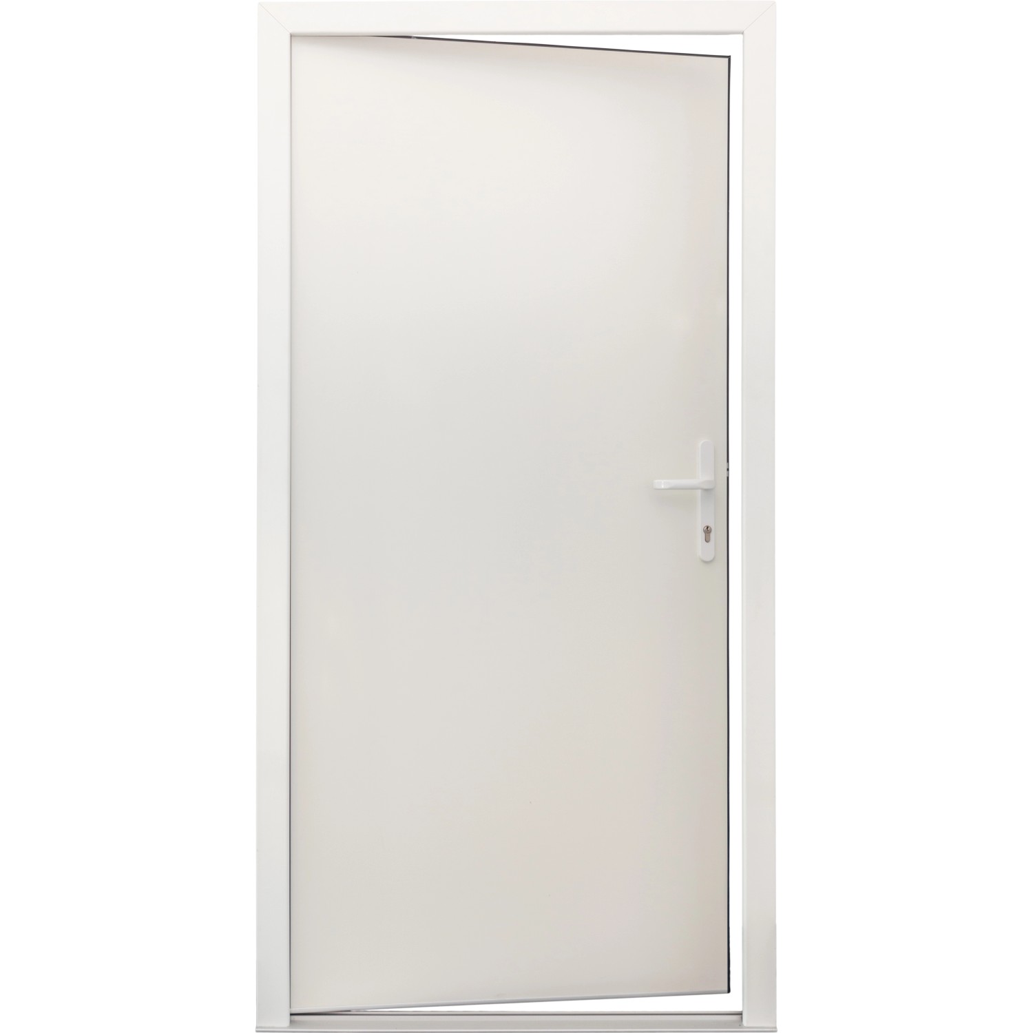Weiße Stahl-Nebeneingangstür NS1, nach innen öffnend, mit Griff und Schloss.