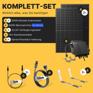 Solakon Balkonkraftwerk 1000W Solaranlage mit Gartenhalterung Steckerfertig Komplettset Photovoltaik 800W Kabellänge 10m