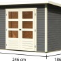 Karibu Holz-Gartenhaus Sitten, terragrau, mit Pultdach und Maßangaben.