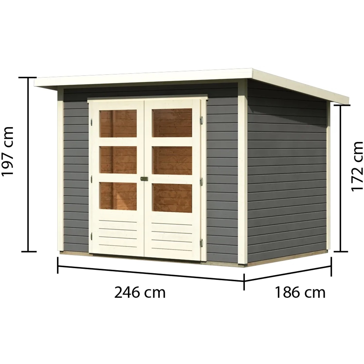 Karibu Holz-Gartenhaus Sitten, terragrau, mit Pultdach und Maßangaben.