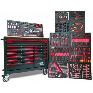 Bestückter Werkstattwagen mit 12 Schubladen, gefüllt mit Werkzeug. Werkzeugschrank mit Holzarbeitsplatte.