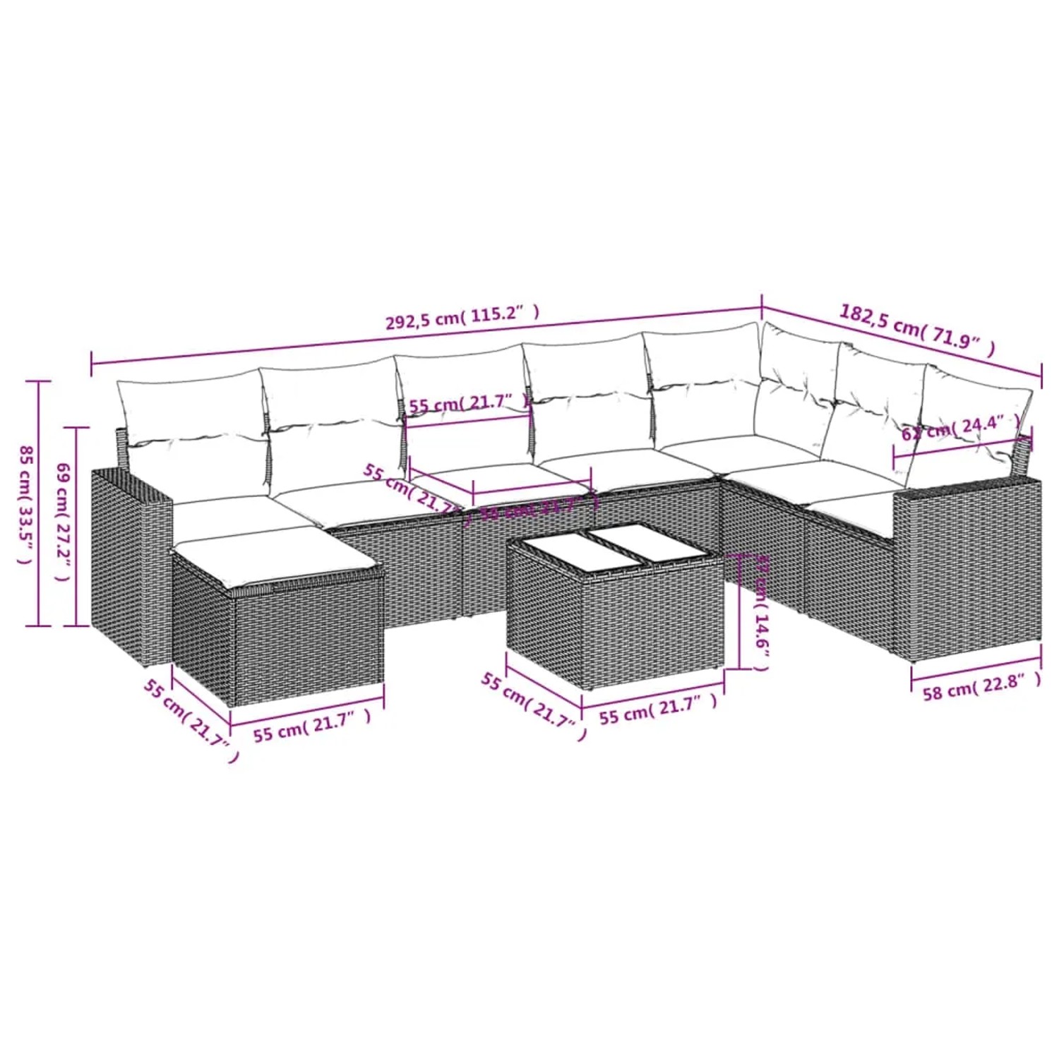 Beige 9-teilige Garten-Sofagarnitur aus Polyrattan mit Kissen. Gartenmöbel-Set für Terrasse und Garten.