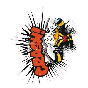 Wandtattoo mit Donald Duck Motiv in Orange, Gelb und Schwarz-Weiß, 127x160 cm.