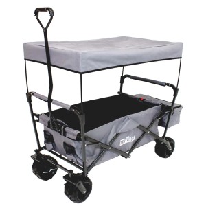 Faltbarer, grauer TRUTZHOLM Bollerwagen mit Sonnendach und Breitreifen. Ideal für Camping und Ausflüge.