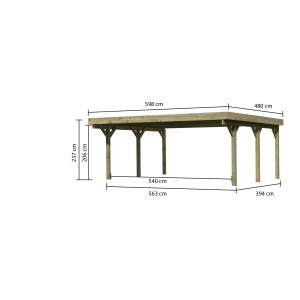 Karibu Doppelcarport Classic mit Maßangaben, Holzkonstruktion mit PVC-Dachplatten.