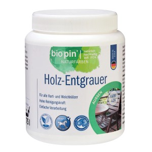 Biopin Teakholz-Entgrauer 1 l im weißen Behälter. Holzreiniger zur Beseitigung von Vergrauung.