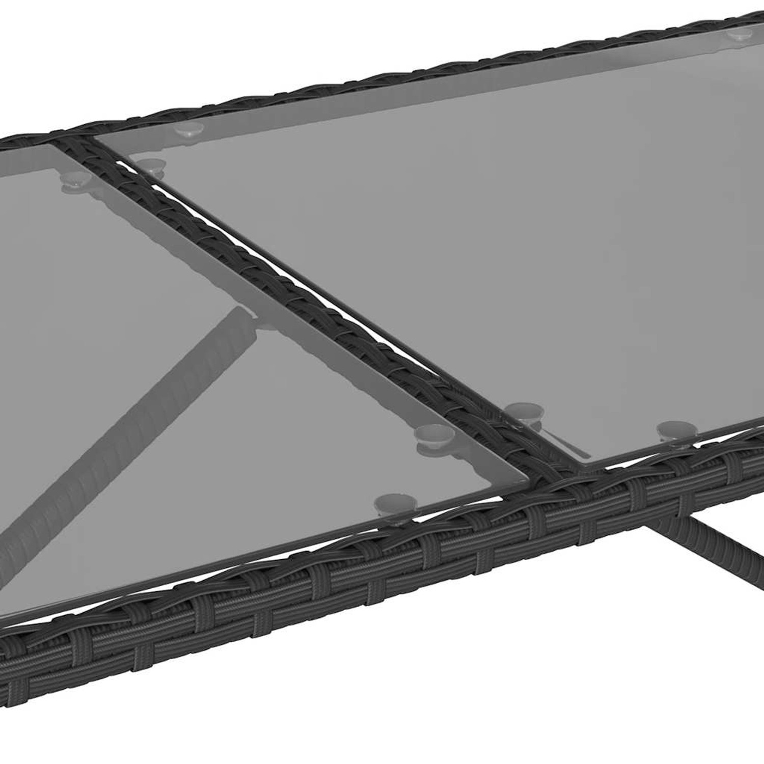 Detailansicht der schwarzen vidaXL Garten-Essgruppe: Tischplatte aus Glas und Poly Rattan Geflecht.