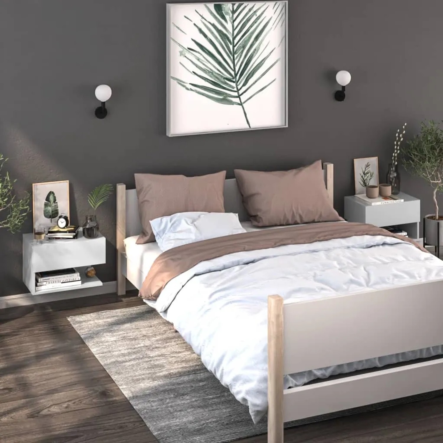 Zwei weiße Wand-Nachttische vidaXL aus Holzwerkstoff im Schlafzimmer.