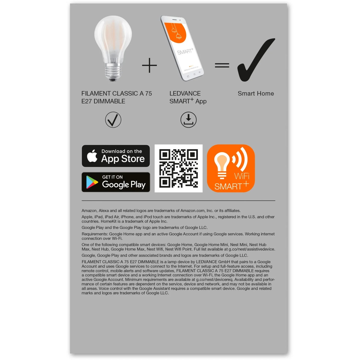 Infografik: Ledvance Smart+ Filament LED Lampe, App-Steuerung und Smart Home Integration.