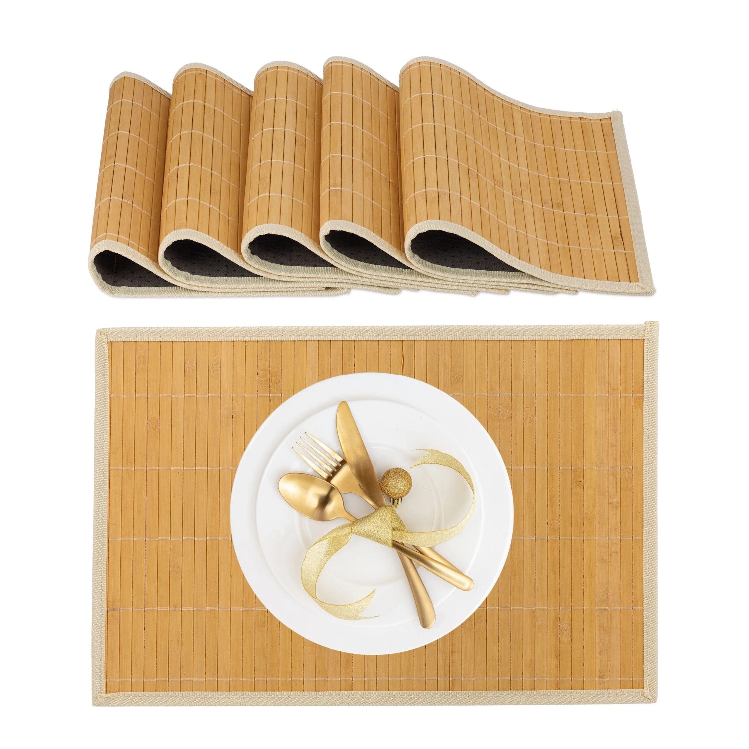 Relaxdays Tischset 6er Set Bambus Creme Rutschhemmend 45 cm x 30 cm