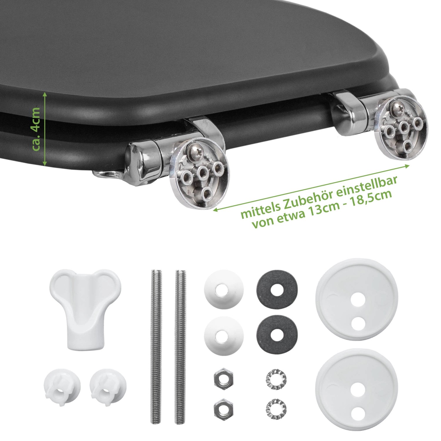 Anthrazitfarbener WC-Sitz mit Wetterleuchten-Motiv, Absenkautomatik und Montagezubehör.