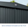 Detailansicht: Anthrazitgraues Ecostar Gerätehaus Trend mit Satteldach und Einzeltür.