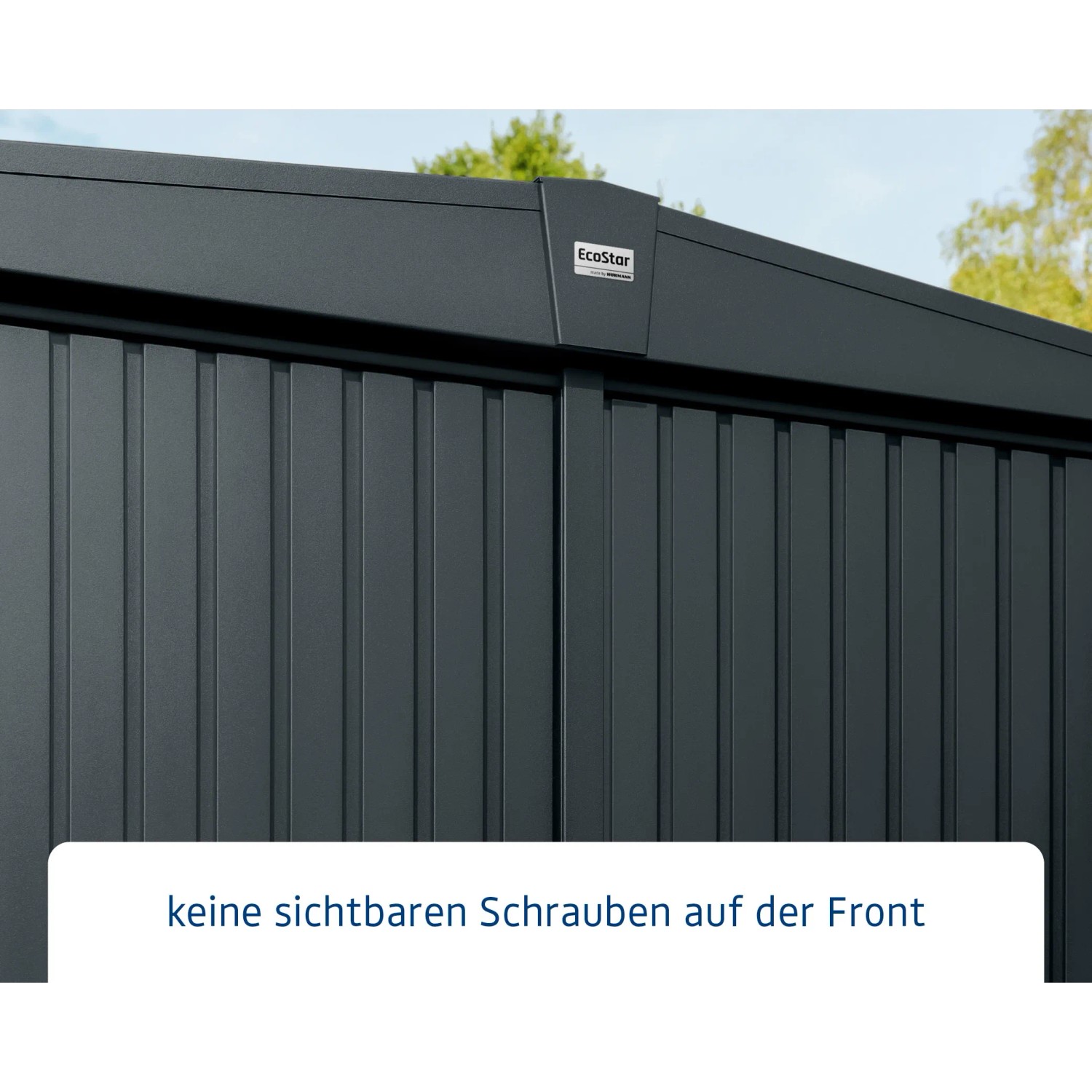 Detailansicht: Anthrazitgraues Ecostar Gerätehaus Trend mit Satteldach und Einzeltür.