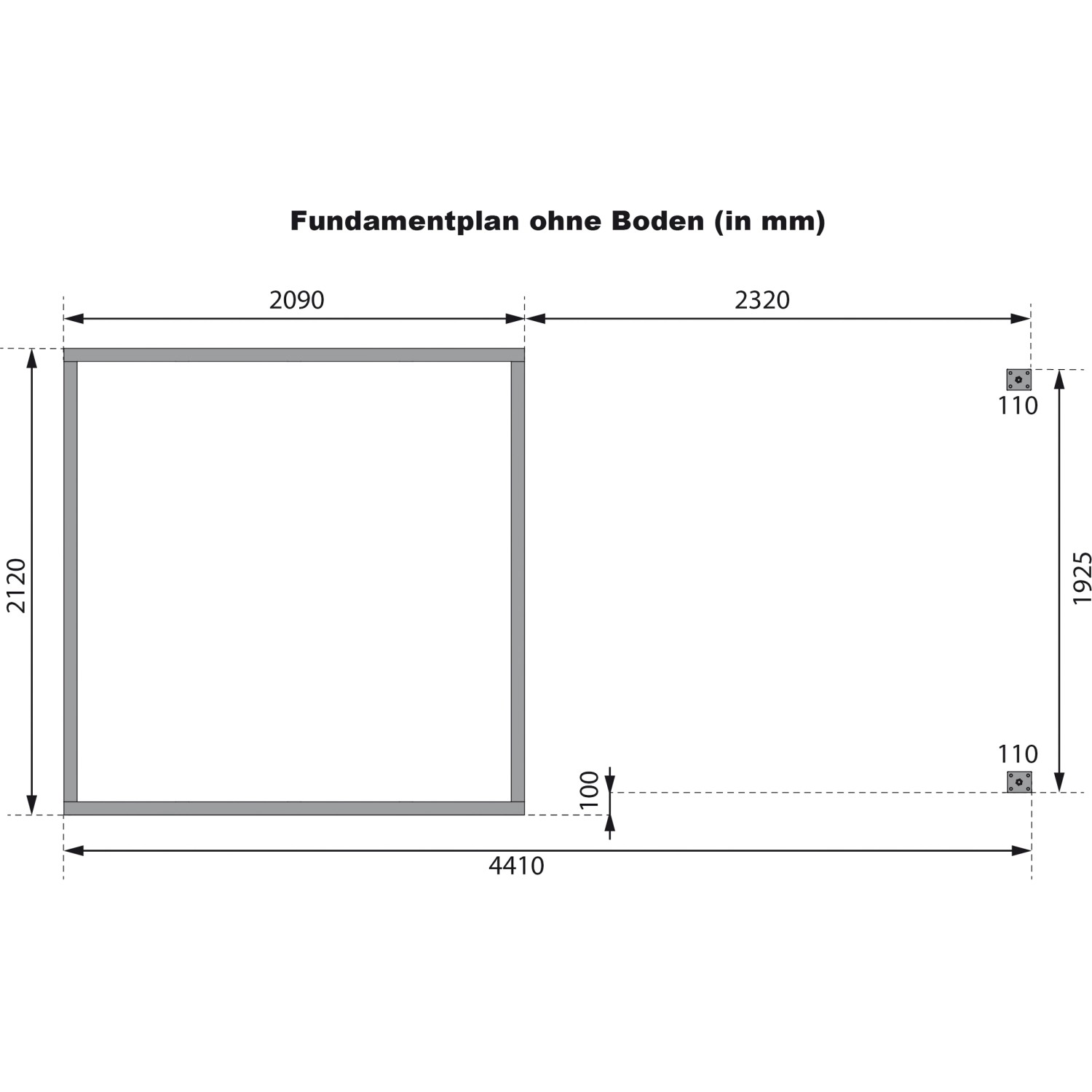 Fundamentplan für Karibu Gartenhaus Set Ernesto B mit Anbaudach, Maße in mm.