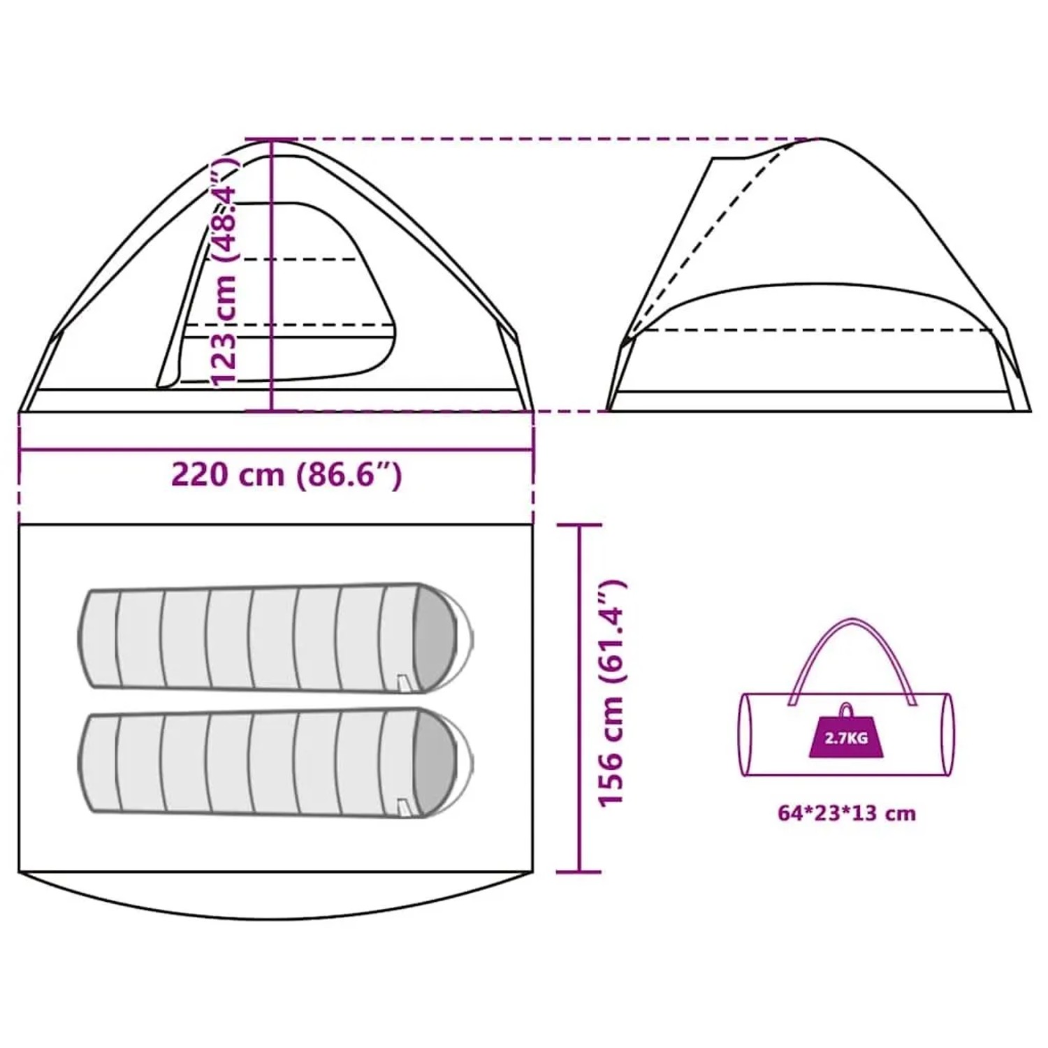 Diagramm des vidaXL 2-Personen Kuppel-Campingzelts mit Maßen: 220x156x123 cm und Packmaß 64x23x13 cm.