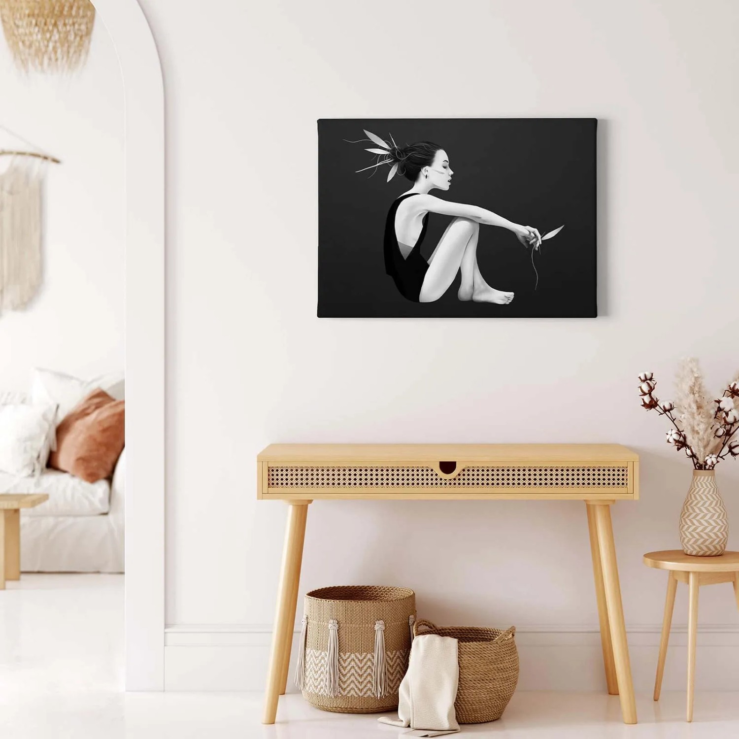 Modernes, schwarz-weißes Leinwandbild mit Manga-Motiv für Jugend- und Schlafzimmer.